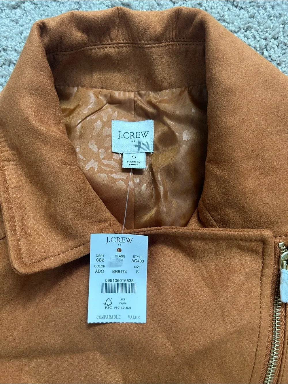J.Crew Factory Faux Suede Moto Jacket Brown Women’s S Zip Collared AQ403